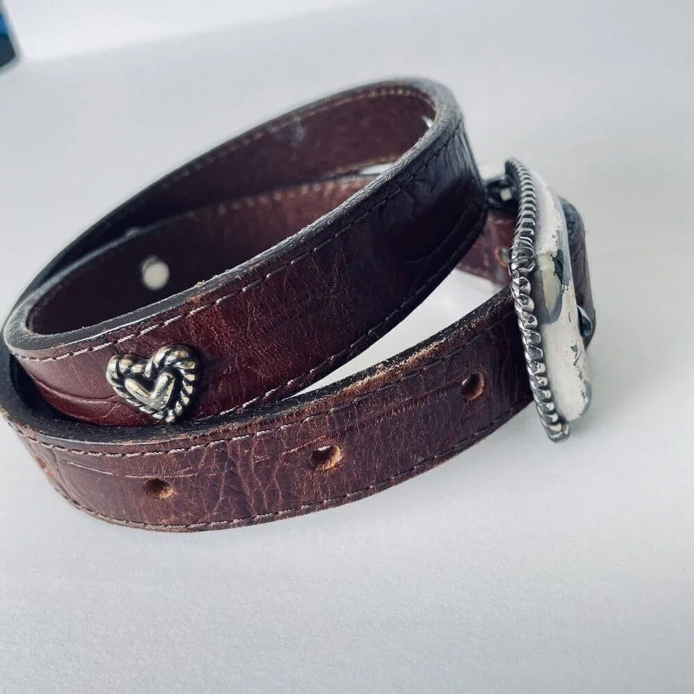 Brighton Kids Brown Leather Belt 27 Inches Silver Toned Buckle and Heart Conchos